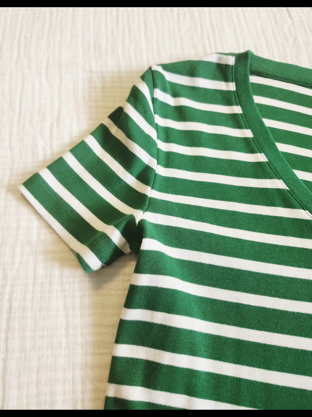 Tommy Hilfiger Green and White Striped V-Neck Tee